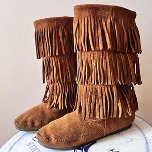 Minnetonka Boho Suede Fringe Brown Mid Calf 3 Layer Boots Size 7